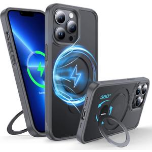 FNDMIL 360°Rotatable Magnetic Ring for iPhone 13 Pro Case Compatible with MagSafe [Built-in Kickstand] [Military Shockproof] [Non-Slip Texture Edge] Slim Translucent Matte Soft Silicone Bumper, Gray