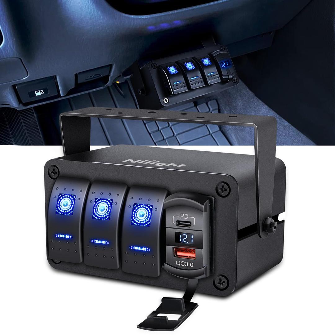 Nilight 3 Gang Rocker Switch Panel Blue Backlit with PD Type C and USB Charger Voltmeter Waterproof 12V 24V DC Rocker Switch with Night Glow Stickers for Car Trucks Boats RVs, Blue/Box