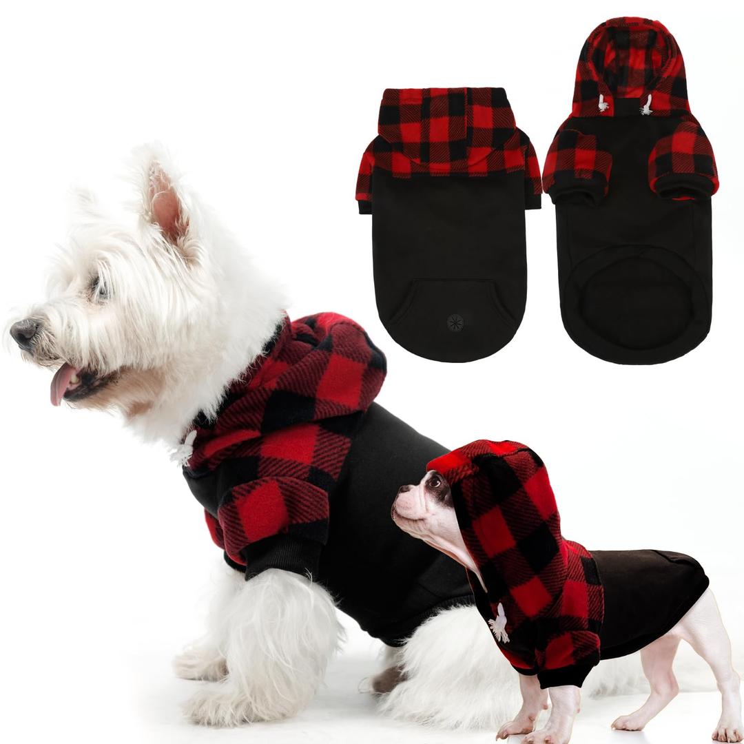 Dog Christmas Hoodie for Small Medium Large Dogs, Fleece Plaid Pet Hooded Clothes Sweater with Hat & Pocket for Cold Weather Winter,Warm Soft Pullover Sweatshirt Coat Outfit for Puppy Girls Boys Red S