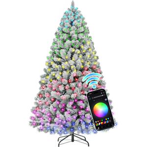 HOLLO STAR 6 ft Flocked Prelit Christmas Tree with 350 LED Lights, App Control, Artificial Christmas Tree, Multi-Color RGBW Lights, 947 Branch Tips, Snow Xmas Tree, for Home, Party