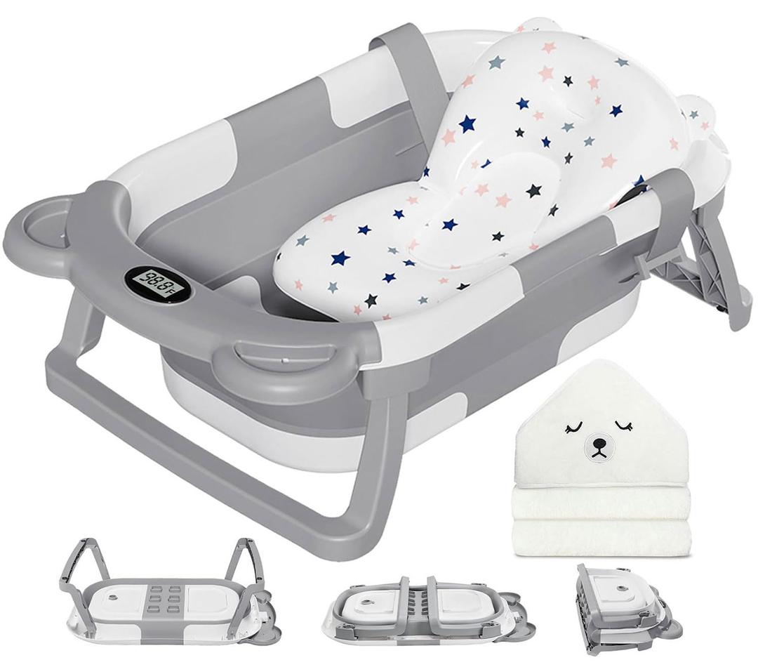 MoreFeel Collapsible Baby Bathtub for Newborn with Thermometer & 1 Hooded Towel & 1 Soft Floating Cushion,Portable Travel Bathtub with Drain Hole, Durable Foldable Baby Tubs for Infants to Toddler (Grey)