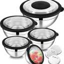 E-far Mixing Bowls Set of 5, Stainless Steel Salad Mixing Bowl with Transparent Lid, Metal Nesting Bowl Attach with 3 Graters for Kitchen Prepping/Serving/Baking/Storage, 4.6/2.6/1.5/1/0.7 QT - Black