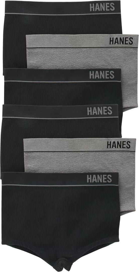 Hanes Women's Originals Seamless Stretchy Ribbed Boyfit Panties Pack, Assorted Colors, 6-Pack (Medium, 4 Black/2 Heritage Grey Marle)