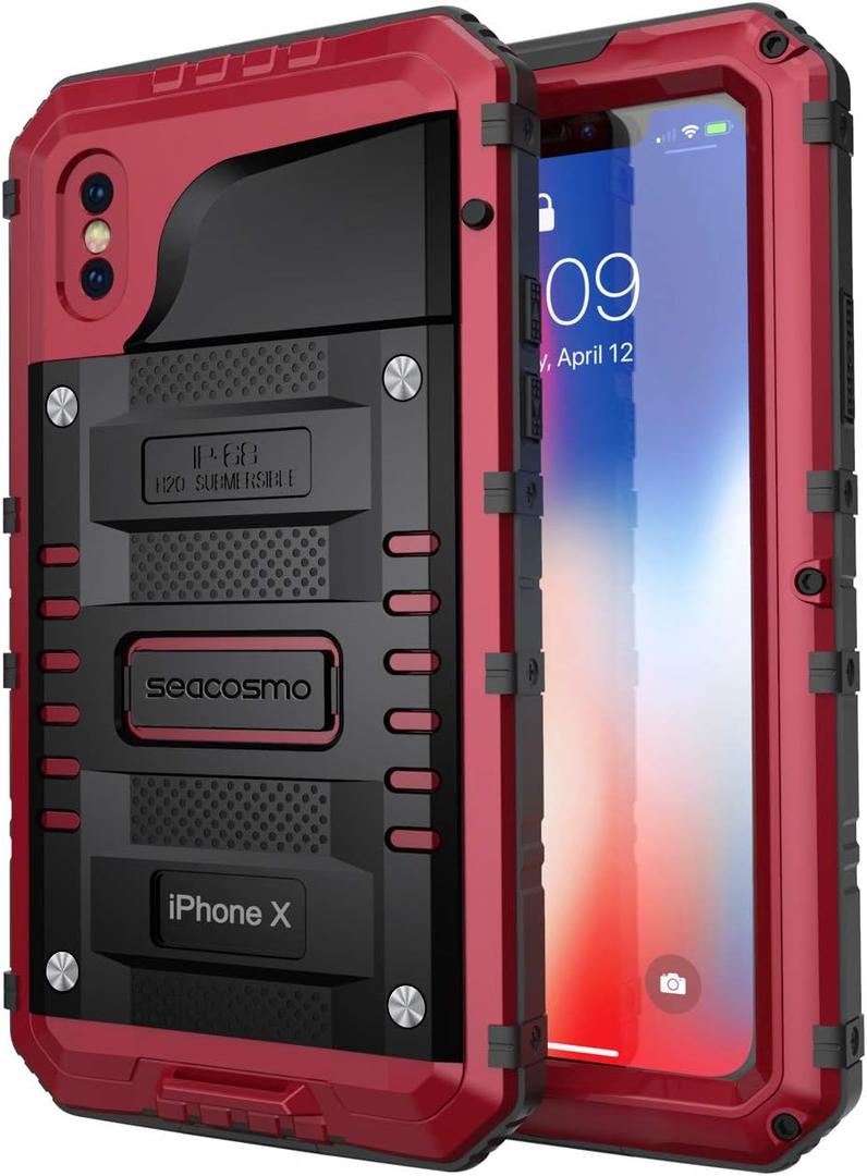 2 x seacosmo Waterproof Case for Phone X Built in a Screen Protector, 360 Full Body Protective Cover, Military Grade Rugged Heavy Duty Shell, Shockproof Drop Resistant Defender, Red