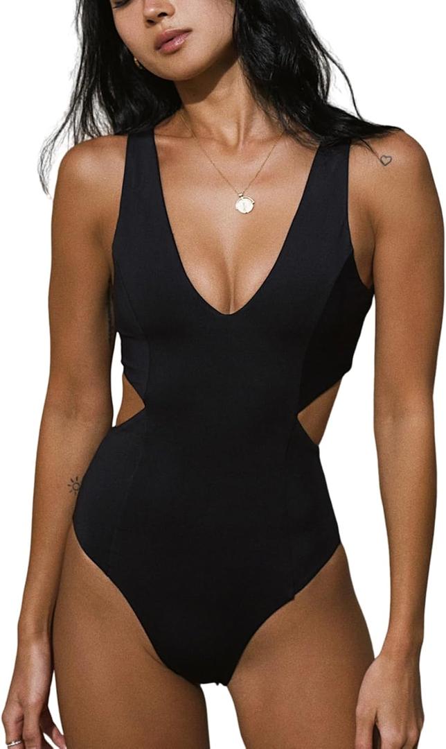 Women One Piece Swimsuit Cut Out Monokini Swimwear (Large, Black-adjustable)