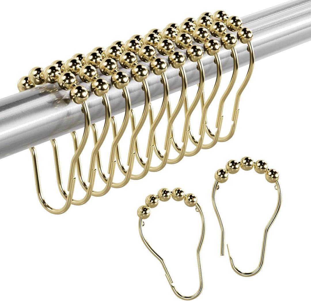Amazer Shower Curtain Rings, Rust-Resistant Metal Shower Hooks Ring Shower Rings for Curtain Rolling Shower Curtain Hooks for Bathroom Shower Rod Shower Curtain Hangers, Set of 12, Gold