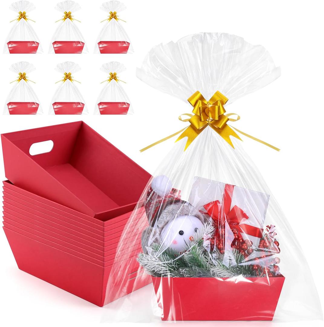 AFOROEOA 10PACK Baskets For Gifts Empty, 10 x 8”Thick Red Gift Basket with 10 Clear Gift Bags and 10 Pull Bows, Empty Gift Baskets for Christmas, Thanksgiving Wedding Birthday Party Wrapping Gift