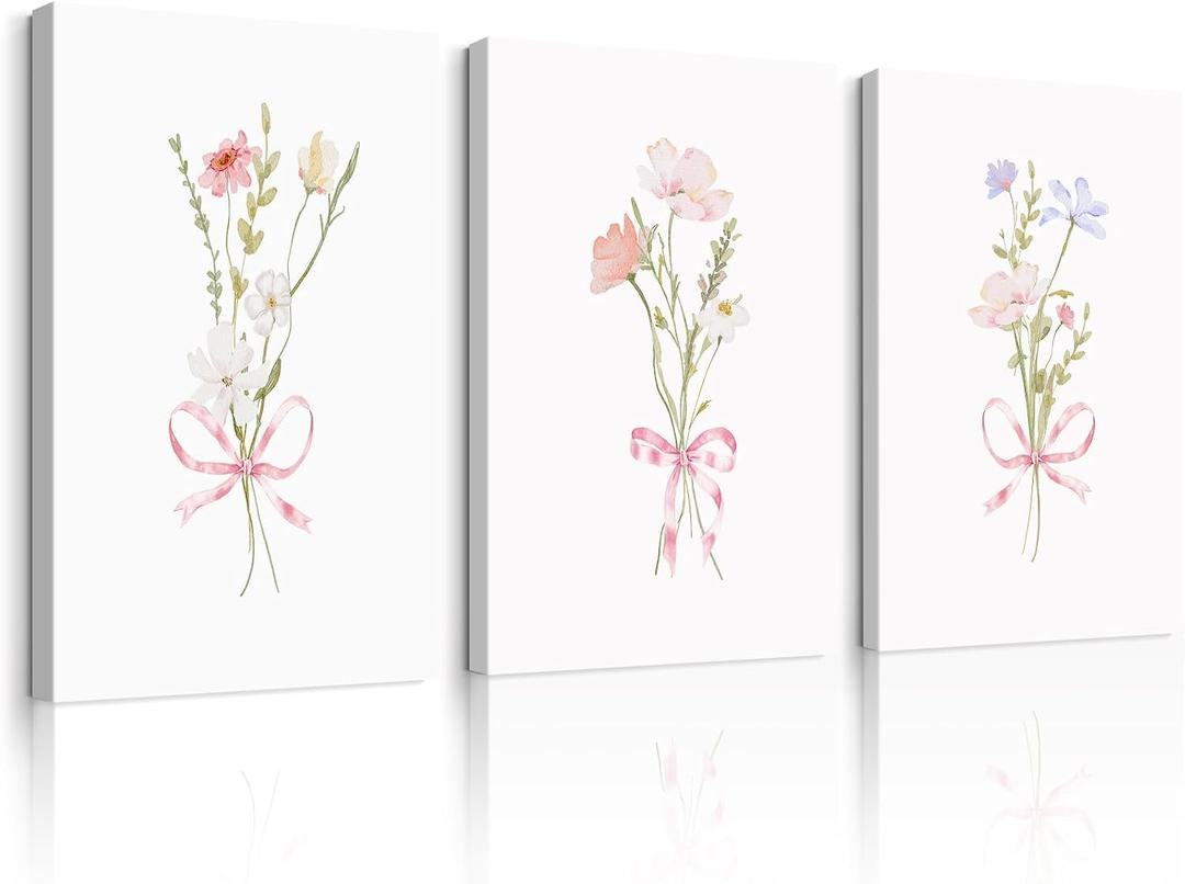 Girl Flower Bow Wall Art Coquette Pink Floral Canvas Wall Decor Nursery Wildflower Poster Aesthetic Flower Pictures Soft Pink Bow Prints Cute Floral for Teen Girls Bedroom 16x24x3 Inch Ready to Hang