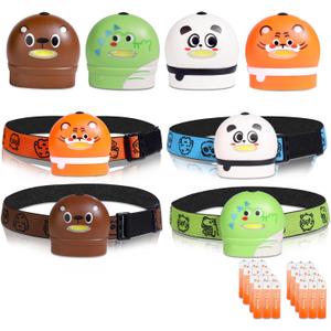 KunHe 8 Pack LED Kids Headlamp with Animal Designs Adjustable Headlight for Camping Running Christmas Stocking Stuffers Gifts for Girls Boys Batteries Included