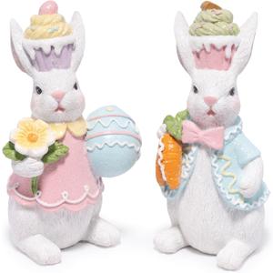 Hodao Easter Bunny Figurines Set of 2 Decor, Spring Decorative Rabbit Couple with Colorful Cake, and Easter Eggs Tabletop Home Decoration for Living Room, Entryway (Blue-pink)