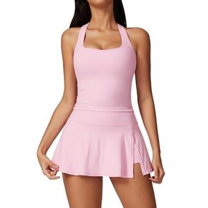 ABEHIK 2 Piece Tennis Dresses for Women Padded High Waisted Side Slit Sleeveless Athletic Tennis Skirts Set Seamless Mini Workout Dress Built in Shorts Racerback Tank Top Yoga Golf Outfits Pink S