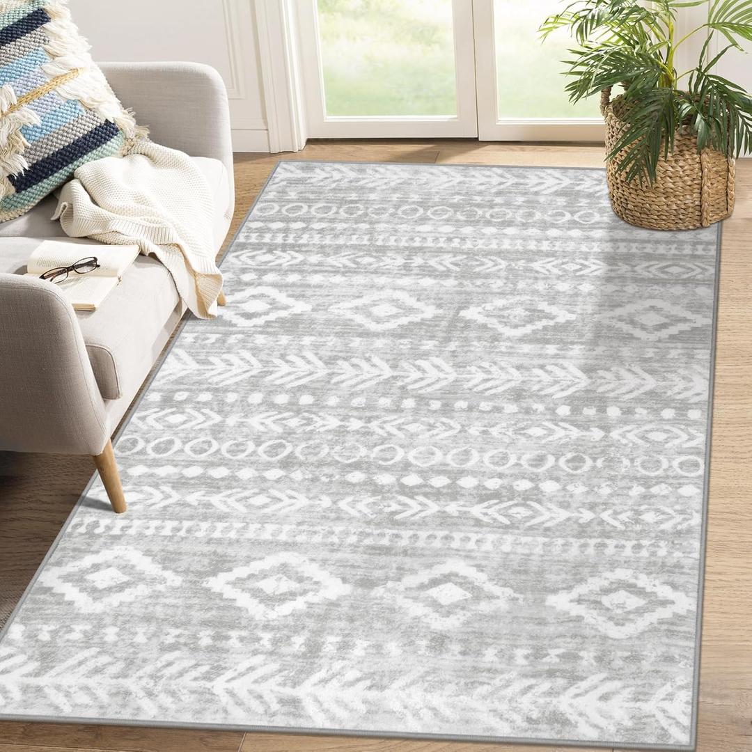 Lahome Boho Grey and White 4x6 Rug, Ultra-Thin Soft Living Room Area Rug Non Slip, Moroccan Rustic Nursery Rug Tribal Print Indoor Floor Carpet Rubber Backed for Office Bedroom Playroom