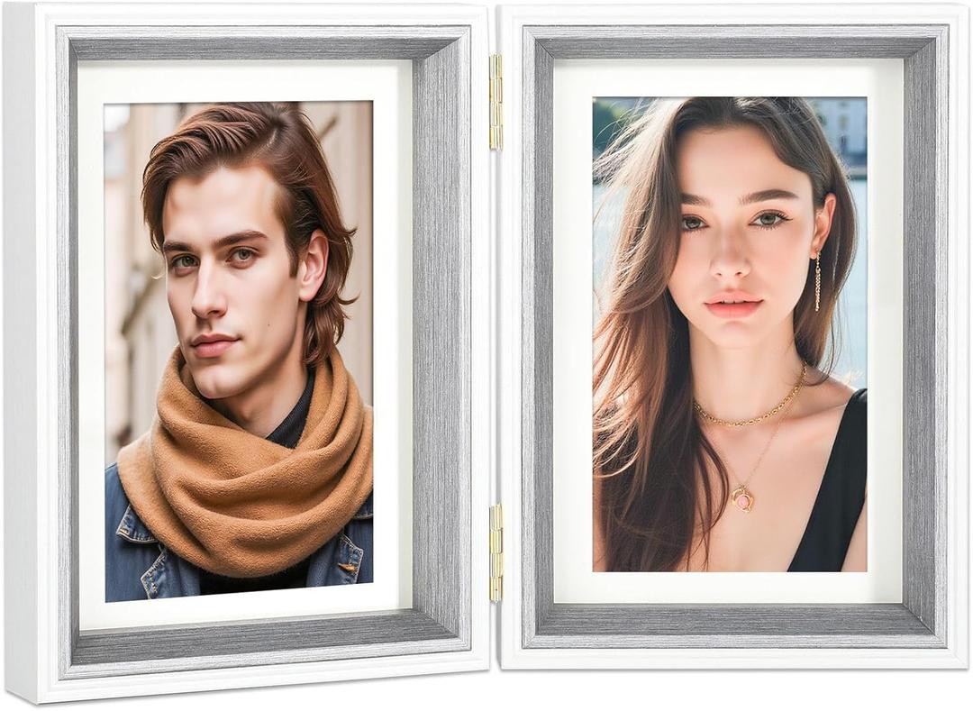 Double Hinged 5x7 Picture Frame with Real Glass in WhiteGrey- Display 4x6 with Mat or 5x7 without Mat, Foldable Photo Frame for Tabletop, Nice Gift for Family & Wedding Memories(PS006-GYX7)