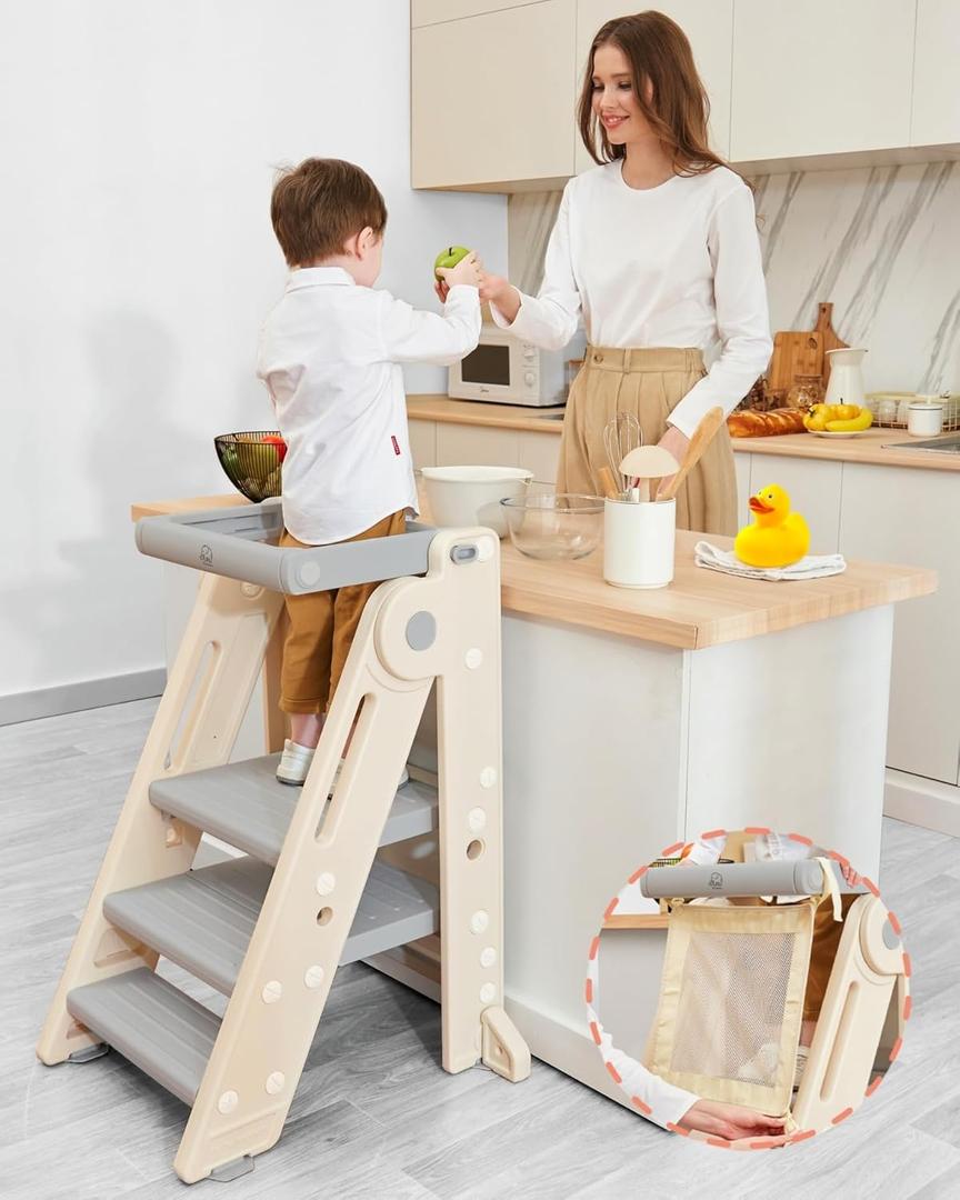 Forbena Foldable Toddler Tower Kitchen Learning Stool Helper, Montessori Kids Standing Tower for Counter, Collapsible Adjustable Baby Child Step Stool with Safety Net for Bathroom Sink (Grey) (Gray)