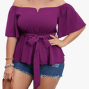 SCOMCHIC Women's Plus Size Off The Shoulder Peplum Blouse Top Half Bell Sleeve Tie Waist Ruffle Hem Babydoll Tops, Size XL