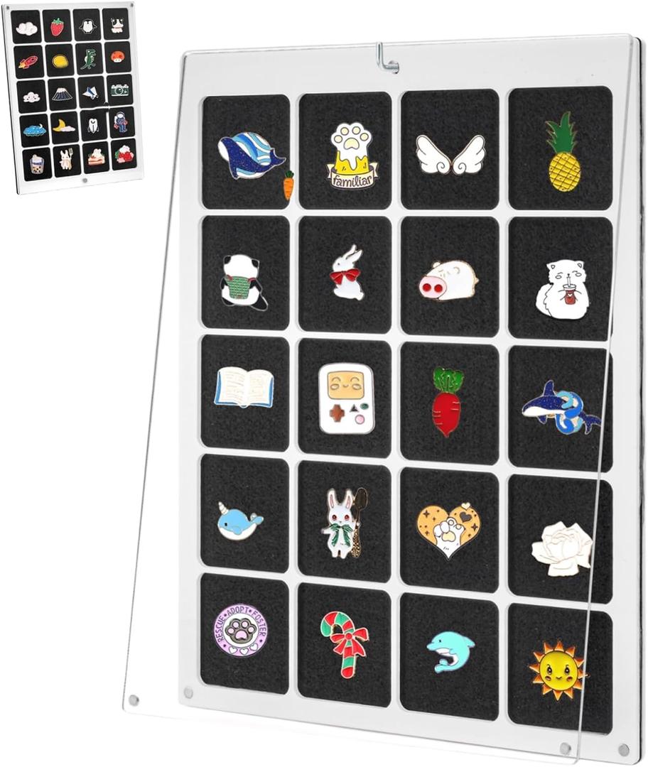 Peohud Acrylic Enamel Pin Display Board, 20 Grids Dust-Free Pin Collection Organizer, Clear Table Top and Wall Pin Holder Case for Jewelry Pins, Pin Gift, Pin Enthusiast