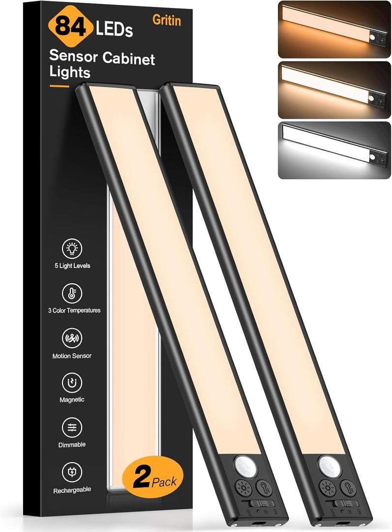 Gritin 10.2inch Under Cabinet Lighting Rechargeable 2 Pack- 3 Color Temps&5 Level Brightness, Super Bright, 4 Modes, Motion Sensor, Long Lasting - Easy Installation Magnetic Under Closet Lights-Black