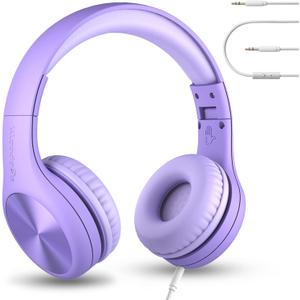 LilGadgets Connect+ Pro Wired Kids Headphones for School with Microphone, Volume Limiting Over-Ear Headset with Cord, SharePort Technology & SoftTouch Padding, Purple
