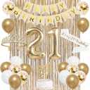 Trgowaul 21st Birthday Decorations for her, Champagne Gold Happy 21st Birthday Supplies for Girls, 21 Sash and Crown, Banner, Fringe Curtains, Cake Topper, 21 Year Old Party Supplies Set