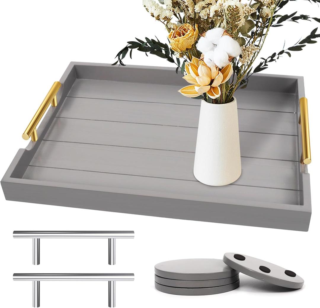 Coffee Table Tray - Large Ottoman Trays for Living Rooms - Wood Serving Tray with 2 Sets of Handles - Wooden Tray for Coffee Table, 4 Round Coasters Included, Gray