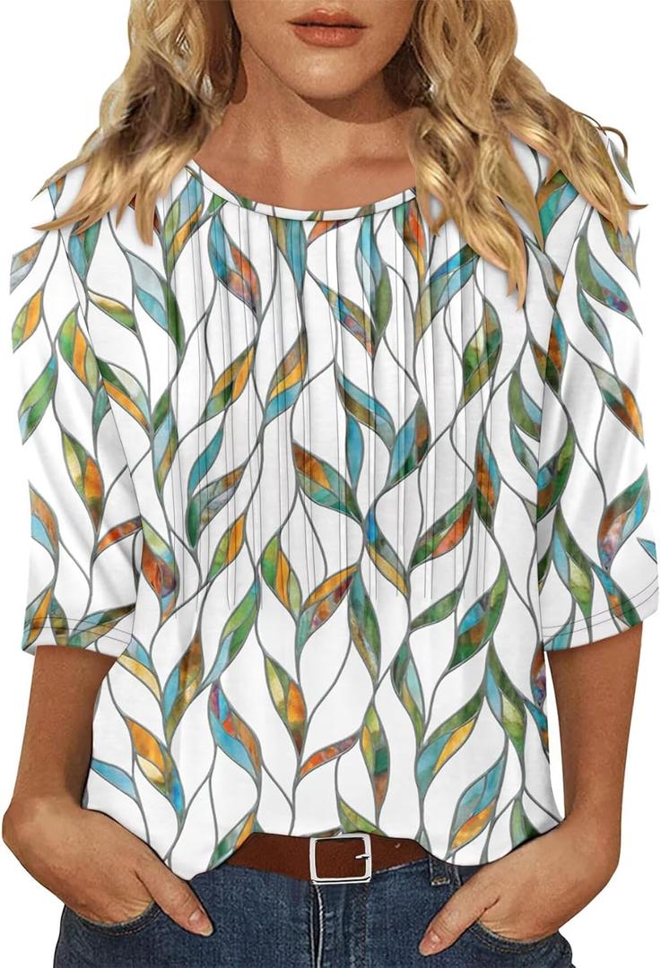 KISSMODA Tunic Tops for Women Loose Fit Dressy Round Neck Pleated 3/4 Length Sleeve Spring Tops (3XL, B White Green Stripes)