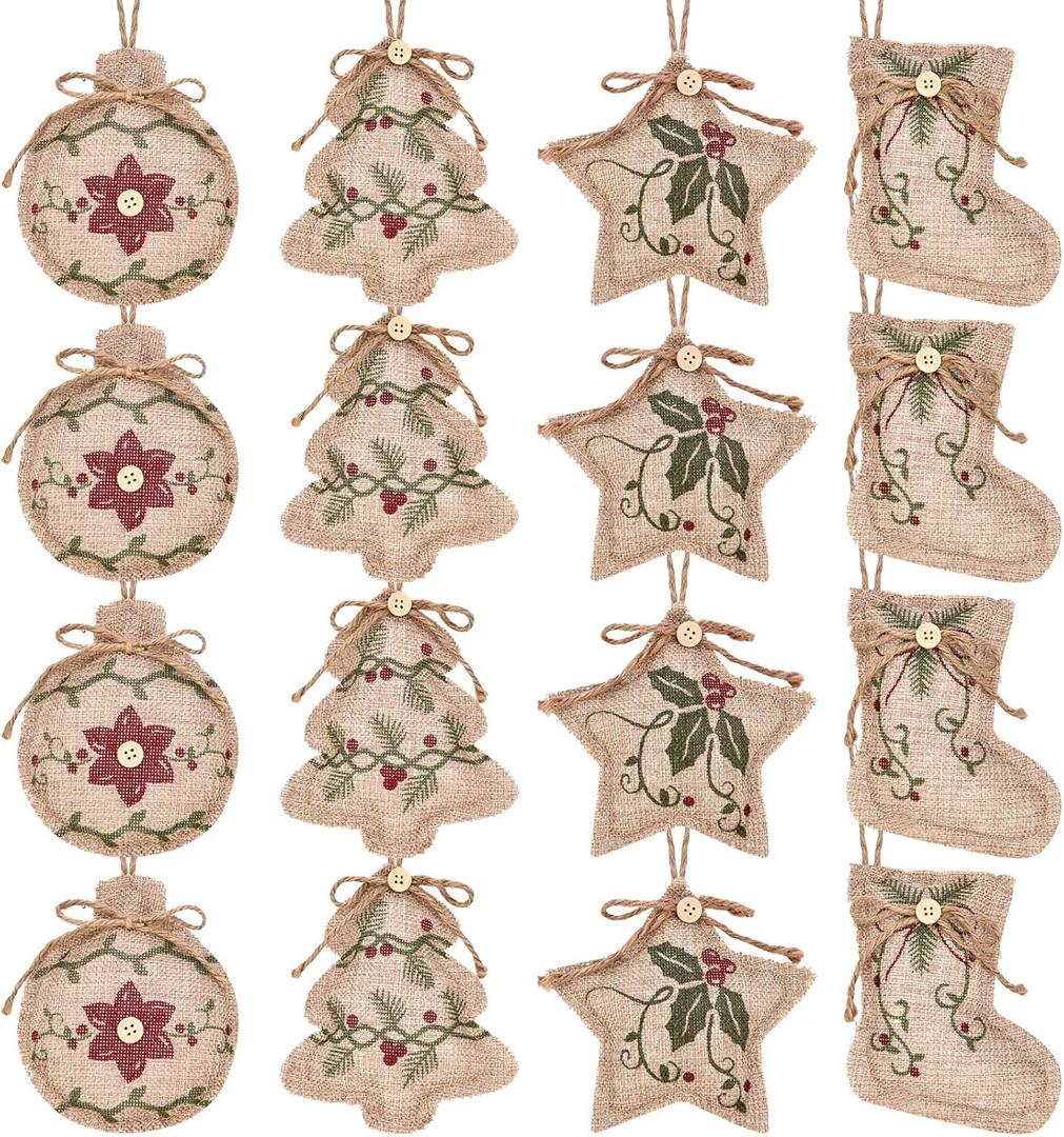 Jetec 16 Pieces Rustic Christmas Burlap Tree Ornaments Farmhouse Hanging Decorations Christmas Stocking Tree Ball Shaped Decor for Party