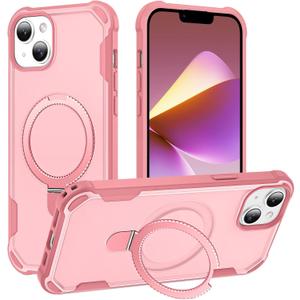 Compatible with iPhone 13 Case & iPhone 14 Case with Invisible Magnetic Ring Stand [Compatible with Magnetic] [Military Drop Protection] Shockproof Slim Hard Back Soft Edge 6.1 Inch, Pink