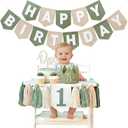Sage Green 1st Birthday High Chair Decorations- First Birthday Banner Wild One Highchair banner 1st birthday boy with Tassels, Crown & One Cake Topper, Boho 1st Birthday Party Supplies photo props