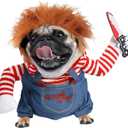 T2Y Dog Halloween Costume Pet Deadly Doll Chucky Dogs Costume with Knife & Wig, Dog Costumes for Small Dogs Funny Party Cosplay Halloween for Yorkie, Chihuahua, CatXS