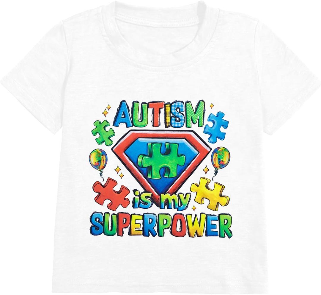 Autism is My Super Power Superhero Shirts Toddler Boys Autism Awareness Shirt Kids Summer Short Sleeve Tops