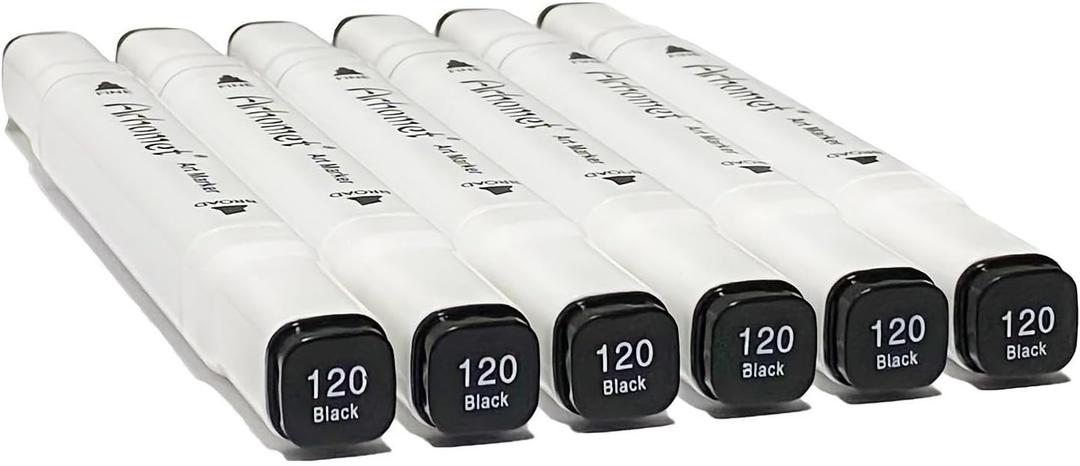 Arhomet 6pcs Black Alcohol Markers Set, Dual Tips Art Markers Drawing Sketched Double Tipped for Beginner Adults Artists (Black)