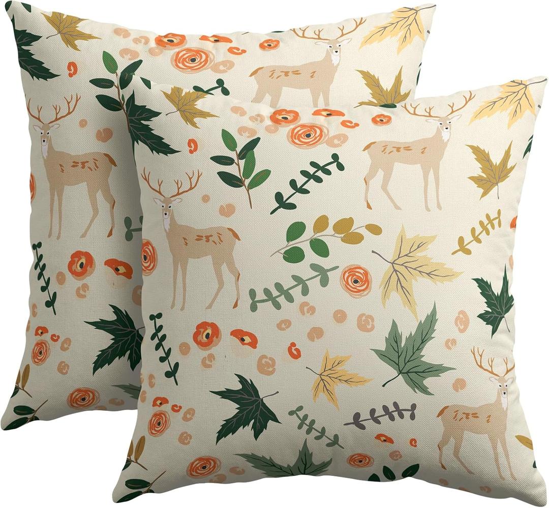 Deer Fall Pillow Covers 18x18 Set of 2 Green Cream Maple Leaf Autumn Outdoor Christmas Pillows Case Animal Print Pattern Decorative Xmas Cushion Cover Rustic Decoration Farmhouse Sofa Couch Bed Decor