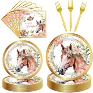 Horse Birthday Party Supplies Tableware - 96 Pcs Golden Horse Themed Plates and Napkins Sets with Forks, Cowgirl Birthday Party Decorations, Western Baby Shower Disposable Dinnerware, Serves 24