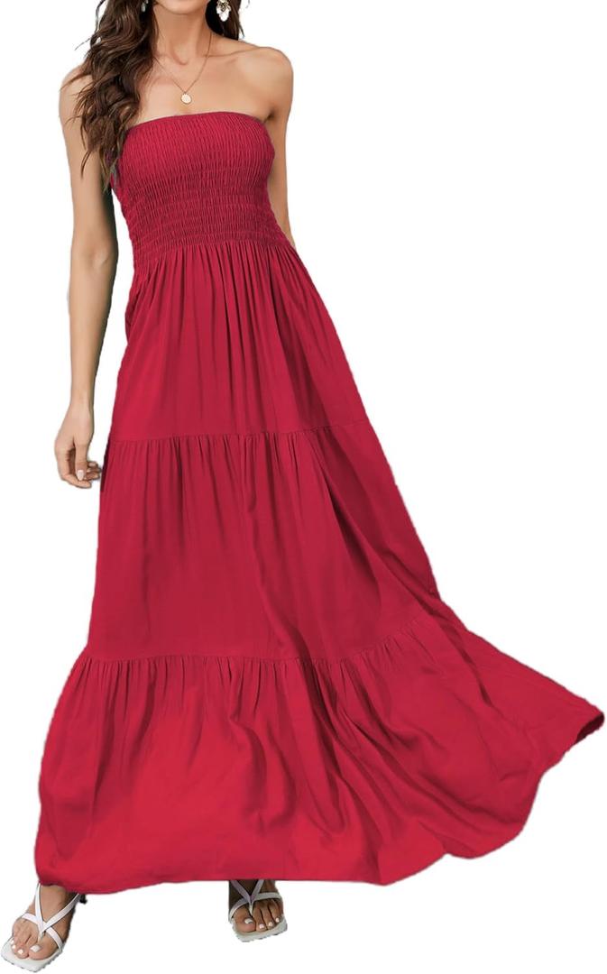 Women Strapless A Line Maxi Dress Tube Top Backless Casual Summer Dress (Red) S