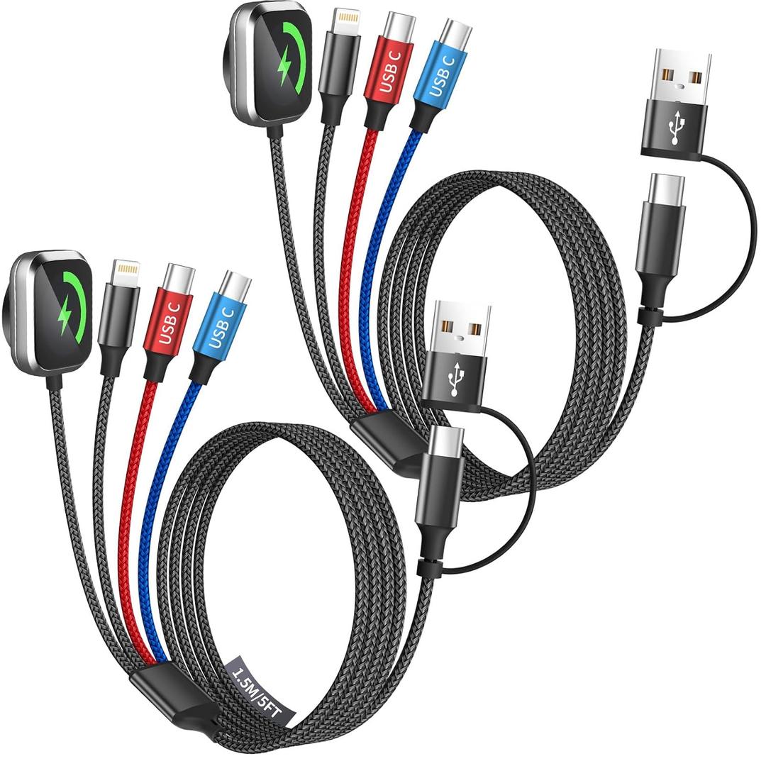 Travel Essentials Dual Type-C Port 4 in 2 Multi Charging Cable for iWatch Charger/iPhone17/IP, Cruise Essentials 2026, USBA/USBC Cable for iWatch Ultra/SE/11-2, iPhone17-8, GalaxyS26, Car- 2Pcs 5FT