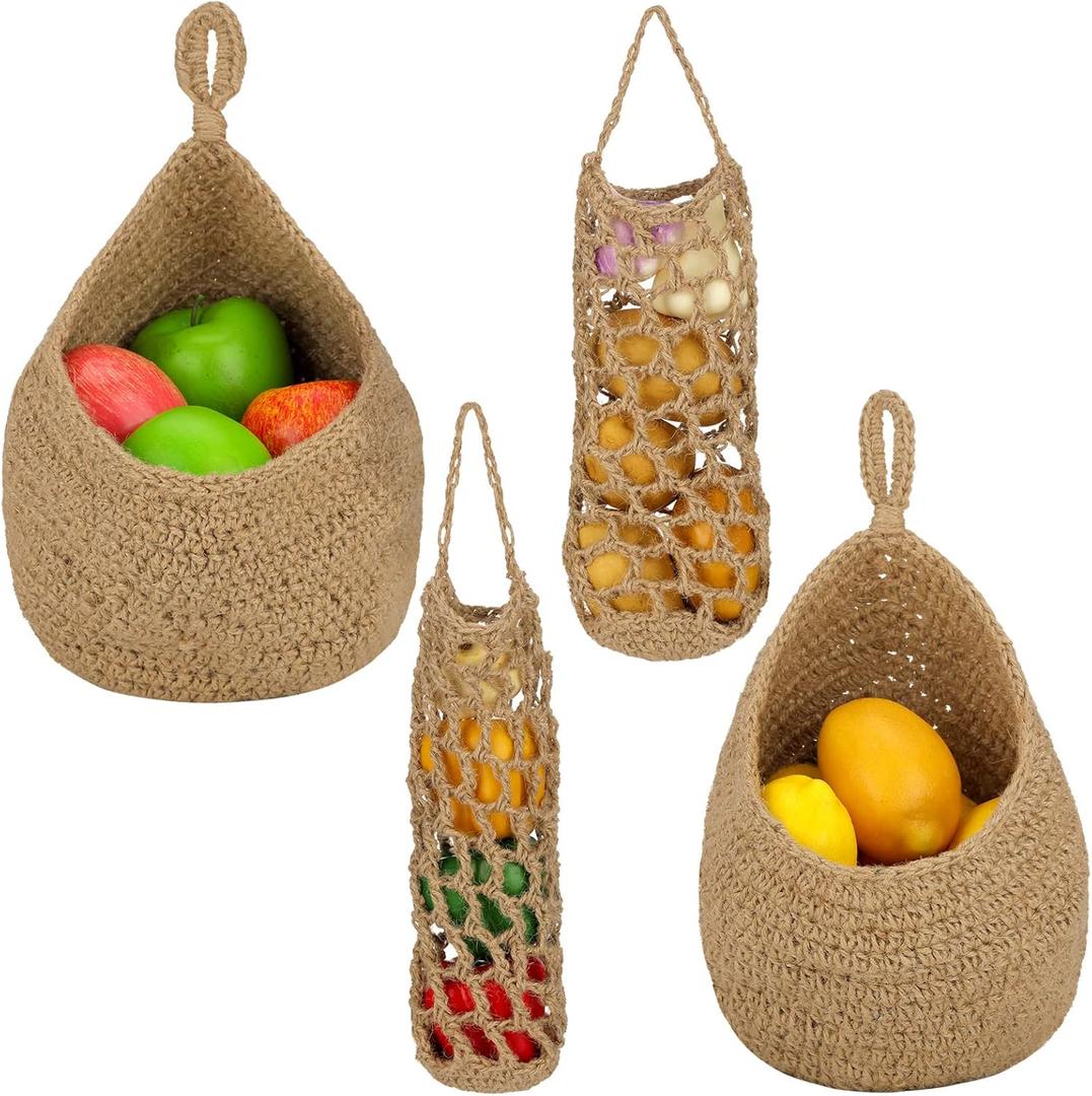 Xuhal 4 Pcs Hanging Basket, Jute Hanging Baskets for Kitchen, Boho Onion Wall Basket, Handwoven Fruit Potato Garlic Storage Home Vegetable Holder(Classic Style,Khaki)