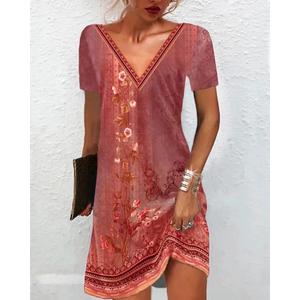 Floral Print Short Sleeve V-Neck Dress for Women, Elegant and Versatile for Work and Casual Wear