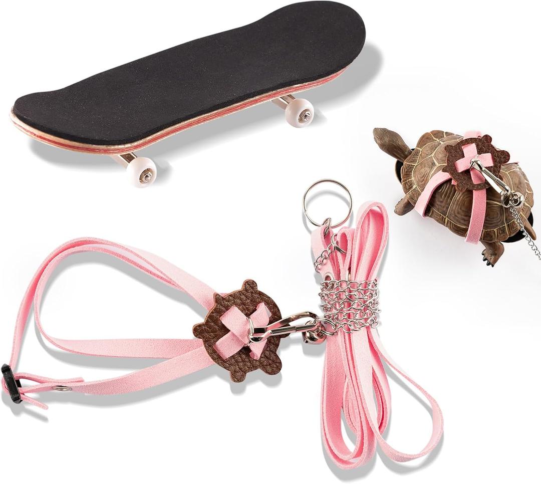 Tortoise Leash and Training Skateboard Toy, Mini Skateboard and Adjustable Harness for Turtle, Funny Tortoises Toys Accessories for Tortoise, Lizard, Small Animals (Pink)
