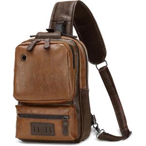 Vintage PU Leather Sling Backpack for Men, Crossbody Bag, Adjustable Shoulder Strap (Light Brown)