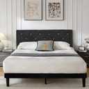 Full Bed Frame with Headboard, Bed Frame Full Size with Sturdy Wooden Slats Support, Platform Frame with Velvet Upholstered Headboard, Mattress Foundation, Easy Assembly, No Box Spring Needed Black
