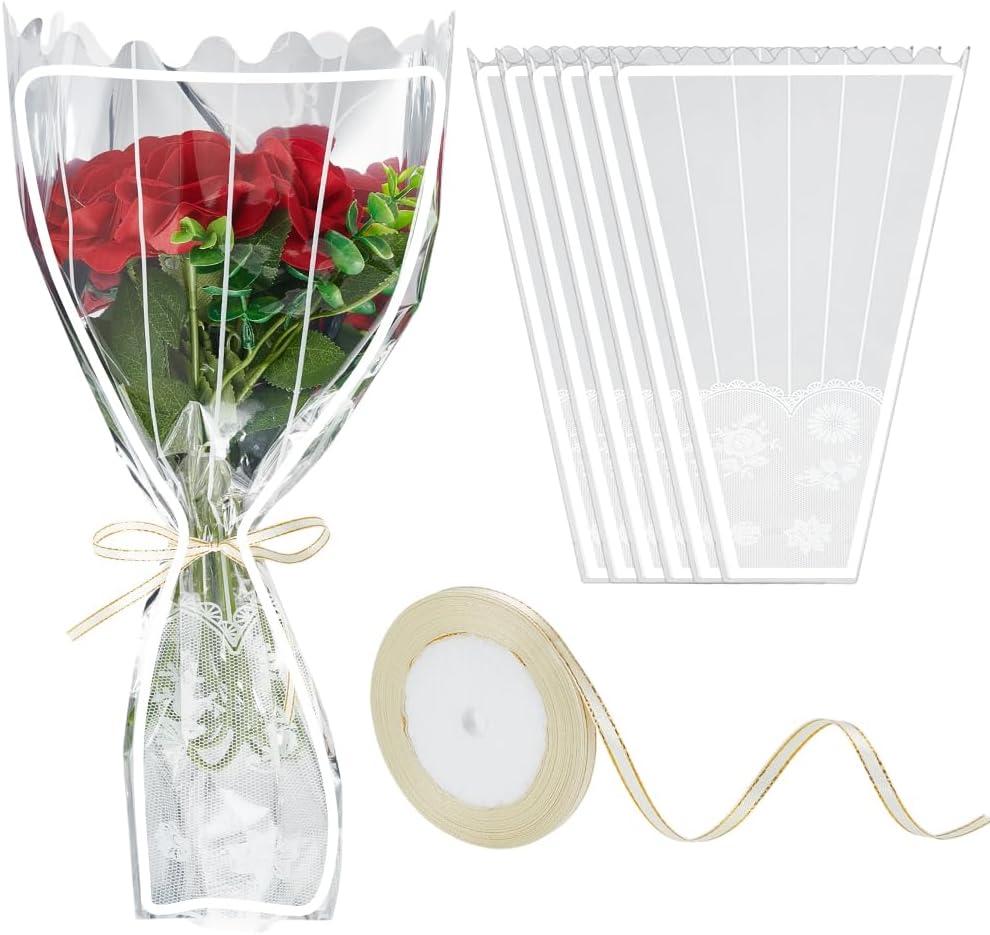 arricraft 100 Pcs Clear Flower Bags for Bouquets with 22m Silk Ribbons, Floral Wrapping Plastic Craft Supplies for Wedding Valentine's Day Florist Packaging, 17x11Inch