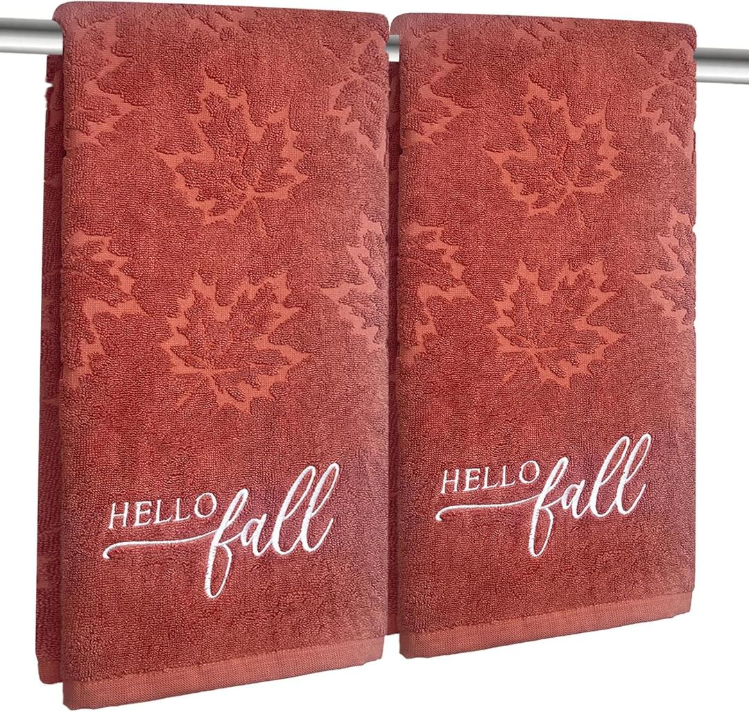 2 Pcs Hello Fall Hand Towels for Bathroom 100% Cotton Jacquard Embroidered Autumn Maple Leaves Terracotta Rust thanksgiving bath towels bathroom kitchen towels decorative gift Holiday Home Decor