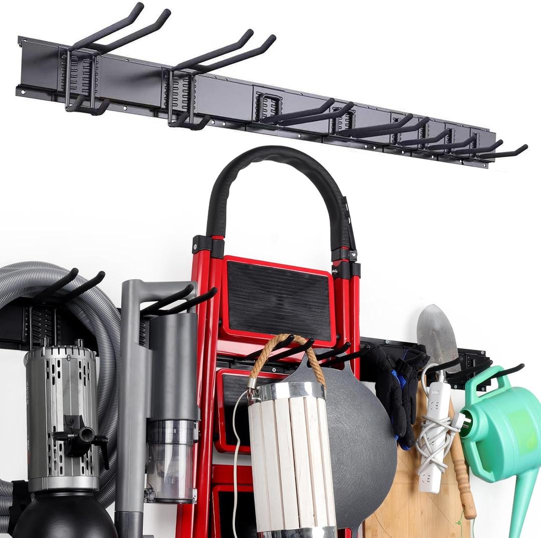 11Pcs Garage Wall Mount Tool Storage Rack - Adjustable Garden Tool Storage Hooks, Heavy Duty Utility Shed Organization Rack for Hanging Rake, Broom, Mower, Snowboard and Other Yard Tool