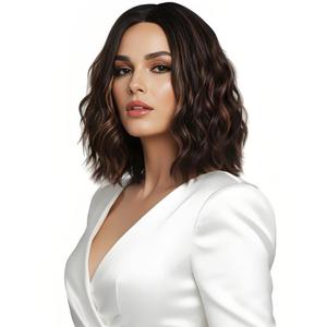 Short Brown Wig with Highlights for Women Wavy Shoulder Medium Length Bob Wigs Synthetic Highlighted Hair Wig Mid Part Water Waves for Daily Party Use Pelucas Marrones De Mujer (14 Inch)