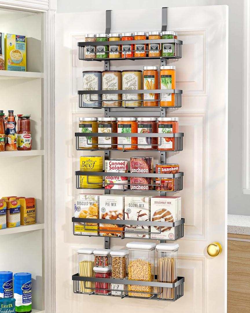 Moforoco 6 Tier Over the Door Food Storage Cabinet Organizer Black Hanging Kitchen Basket Organizer Wall Mounted Spice Rack Rear Cabinet Door Spice Rack Bathroom Home Bedroom Organizer (Black, 6-Tier)