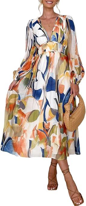 Maxigerui Women's Long Sleeve Floral Maxi Dress 2026 Spring Summer Wedding Guest Dress L  