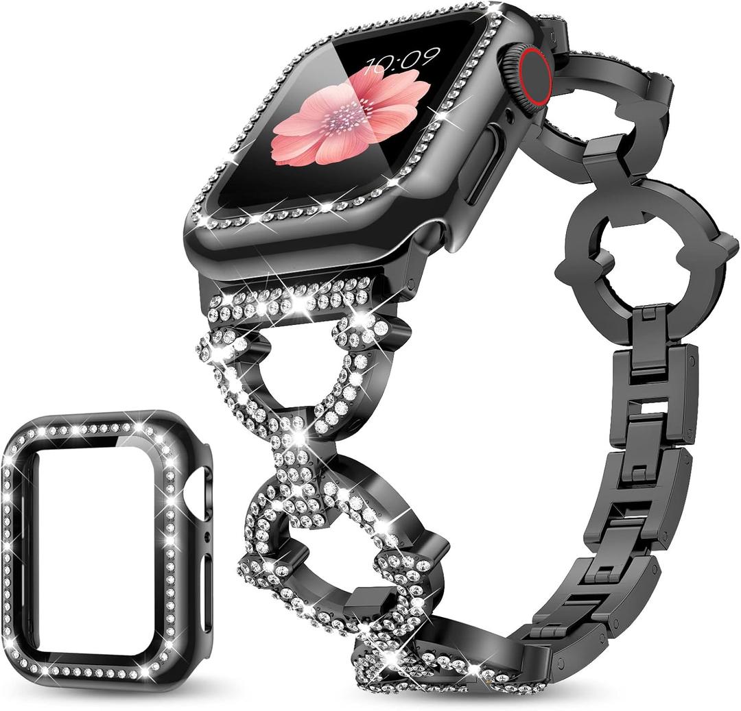 Mesime Compatible with Apple Watch Band 38mm 40mm 41mm 42mm 44mm 45mm 46mm, Women Bling Jewelry Bands with Tempered Glass Screen Protector Case, Shiny Strap for iWatch Series 10/9/8/7/6/5/4/3/2/1/SE (Black)