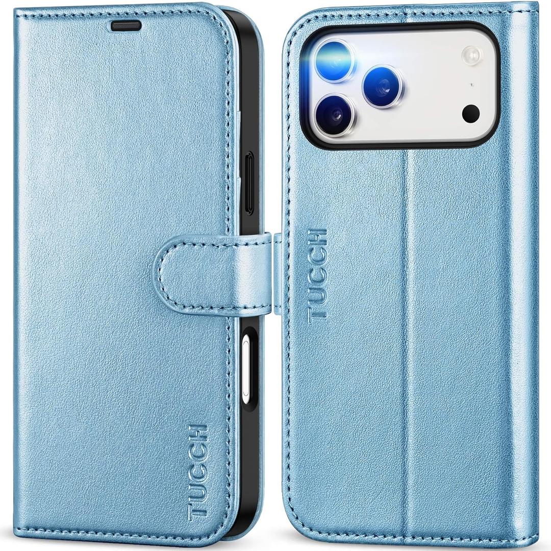 TUCCH Case Wallet for iPhone 17 Pro Max (6.9-Inch) 2025, RFID Blocking 4 Card Slots, Kickstand, Magnetic Closure, PU Leather, Shockproof TPU Shell, Protective Flip Cover, Pearly Light Blue