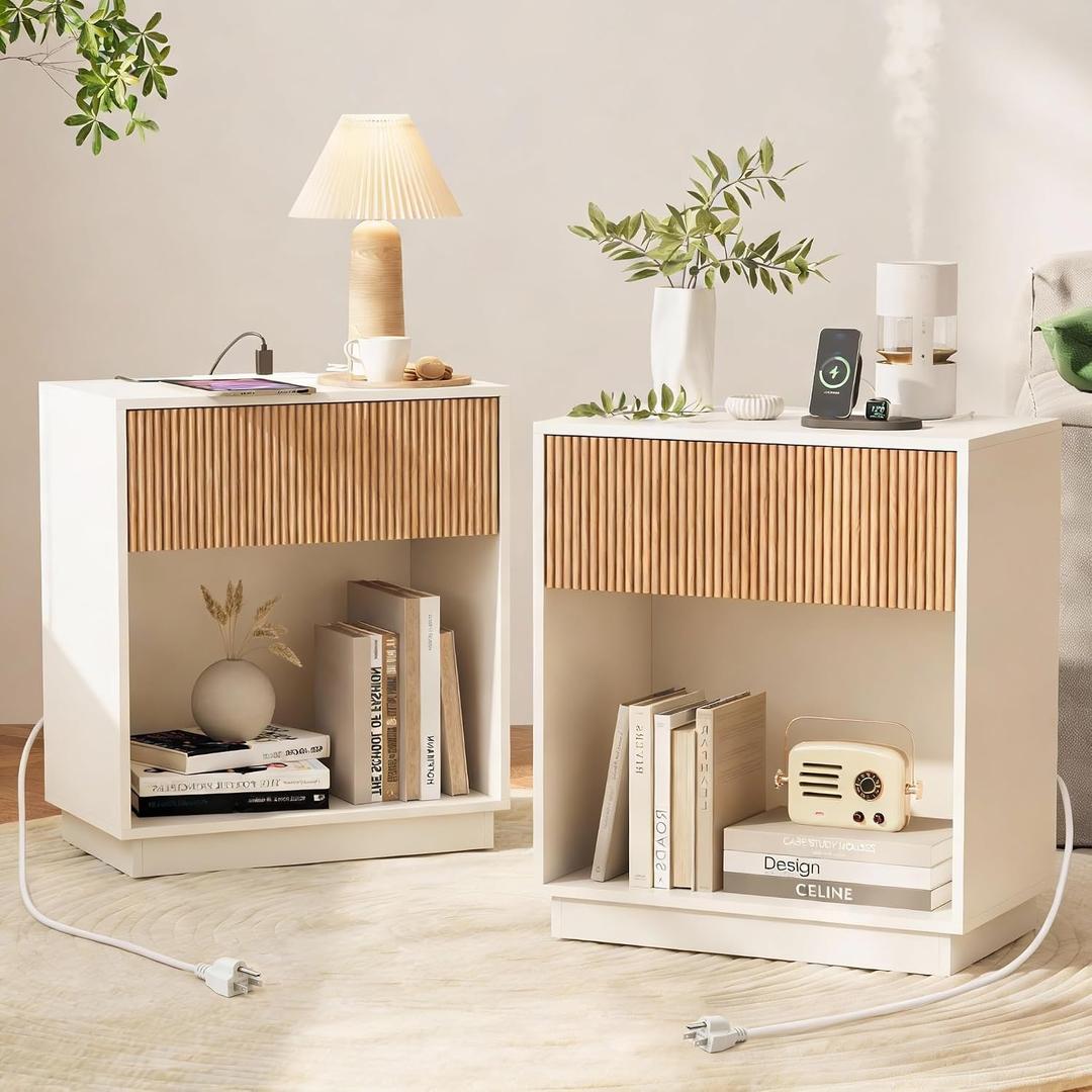 End Table with Charging Station, Fluted Nightstands Set of 2,Modern Bedside Table with Drawer and Storage Shelf, Wood End Table Mid Century Night Stands for Bedroom Living Room(White+Oak), 19 inches x 12 inches x 24 inches