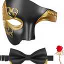 FunMular Masquerade Mask for Men Phantom of The Opera Mask Half Face with Bowtie Brooch for Halloween Mardi Gras Party